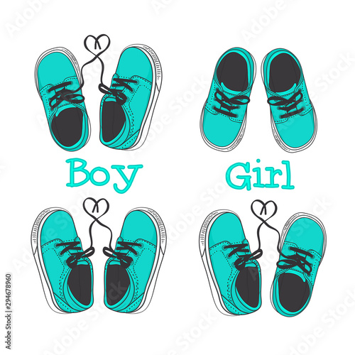 A pair of little kids sneakers. Vector illustration isolated on white. Hand drawing modern fashion print design for kids. With GIRL and BOY inscription and heart.