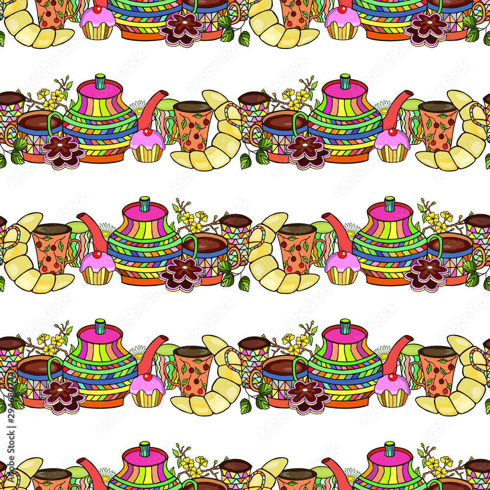seamless pattern. eps10 vector illustration. teapot, cups, flowers still life. hand drawing.