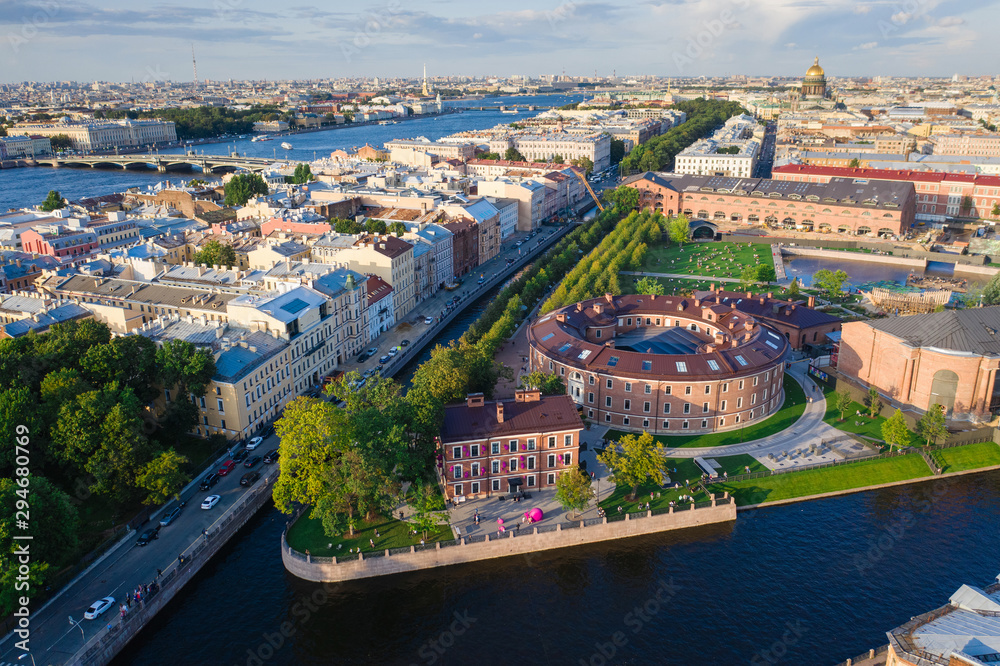 Panorama of Saint Petersburg. View from the height of the city center. Panorama of New Holland. Bridges of St. Petersburg. Russia in the summer. Cities of Russia.