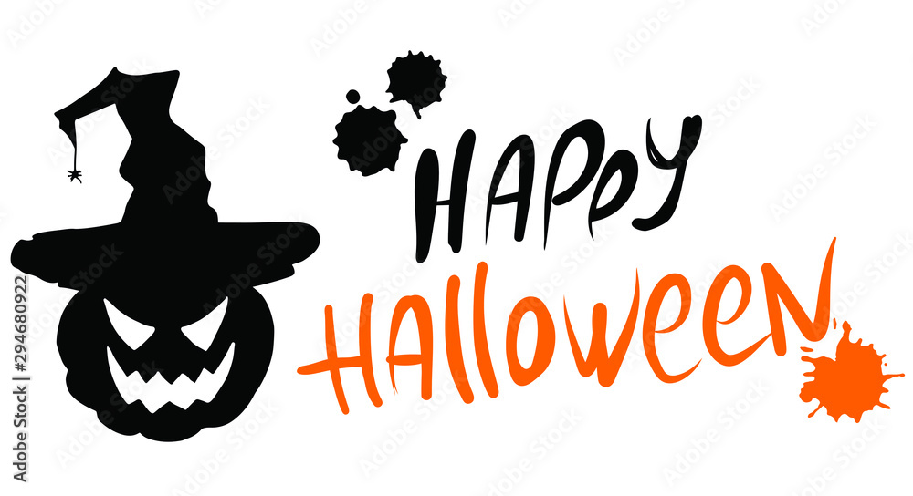 Fototapeta premium Happy Halloween lettering and pumpkin in a witch hat. Handwritten modern calligraphy. Vector illustration. Template for banner, poster, flyer, greeting card.