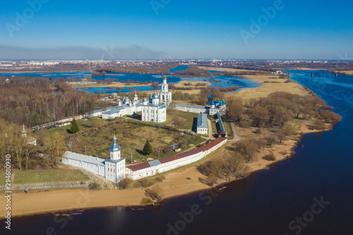View of St. Yuriev Monastery temples (aerial photography). Veliky Novgorod, Russia