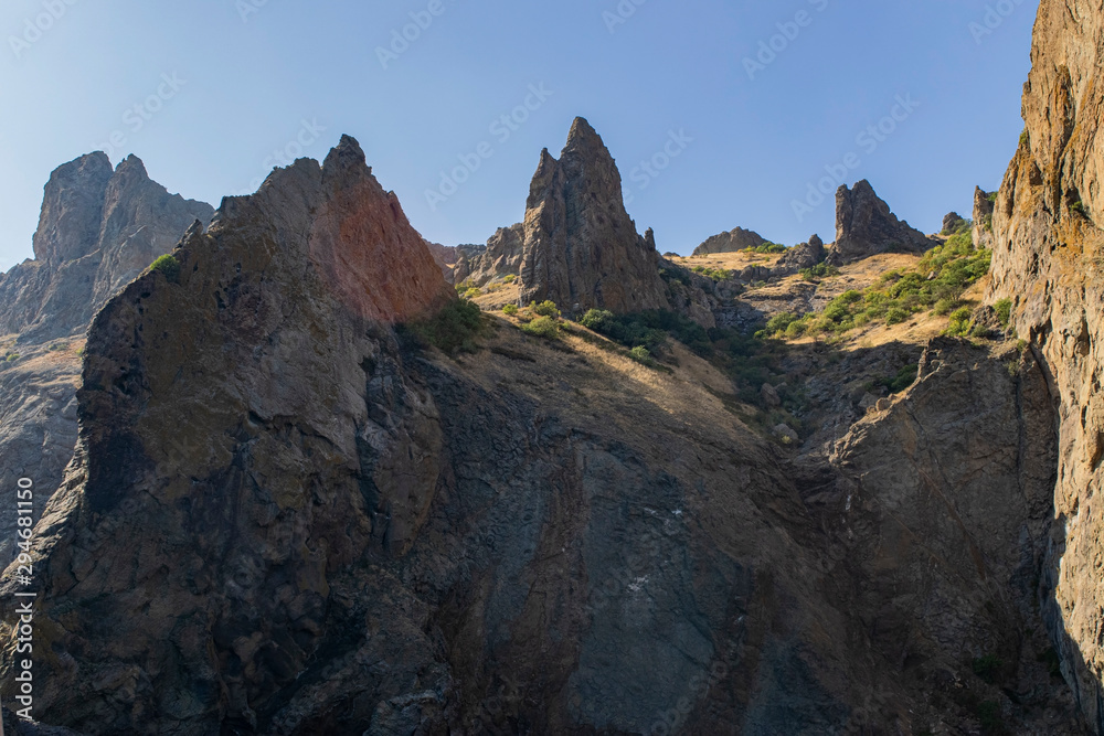 Kara-Dag mountains, view of the rocks from the sea, Crimea, Russia.