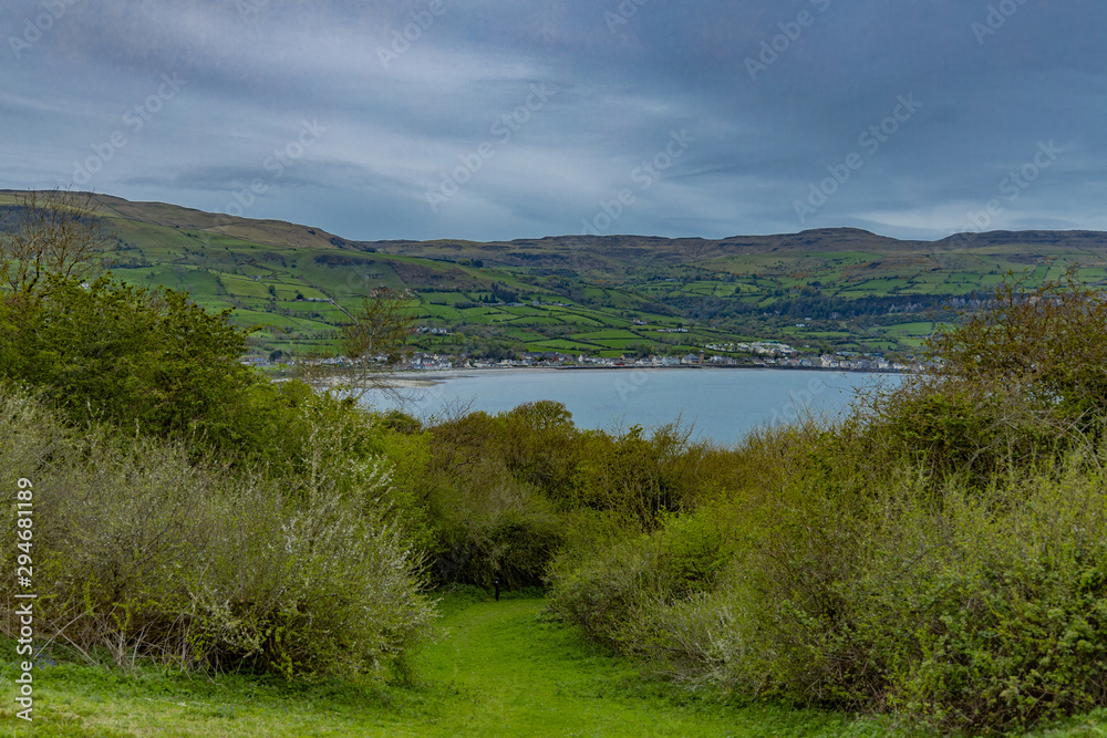 Carlough village viewed from Straidkilly wood on the county Antrim coast, Glens of Antrim, Northern Ireland