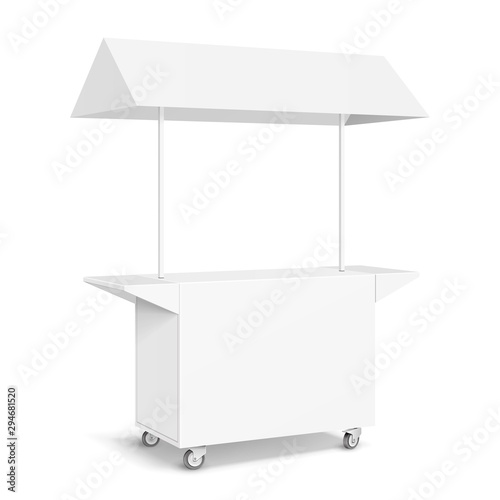 White POS POI Blank Empty Retail Stand Stall Mobile Bar Display With Roof, Canopy, Banner. Fast Food. On White Background Isolated. Mock Up Template Ready For Your Design. Product Packing Vector EPS10