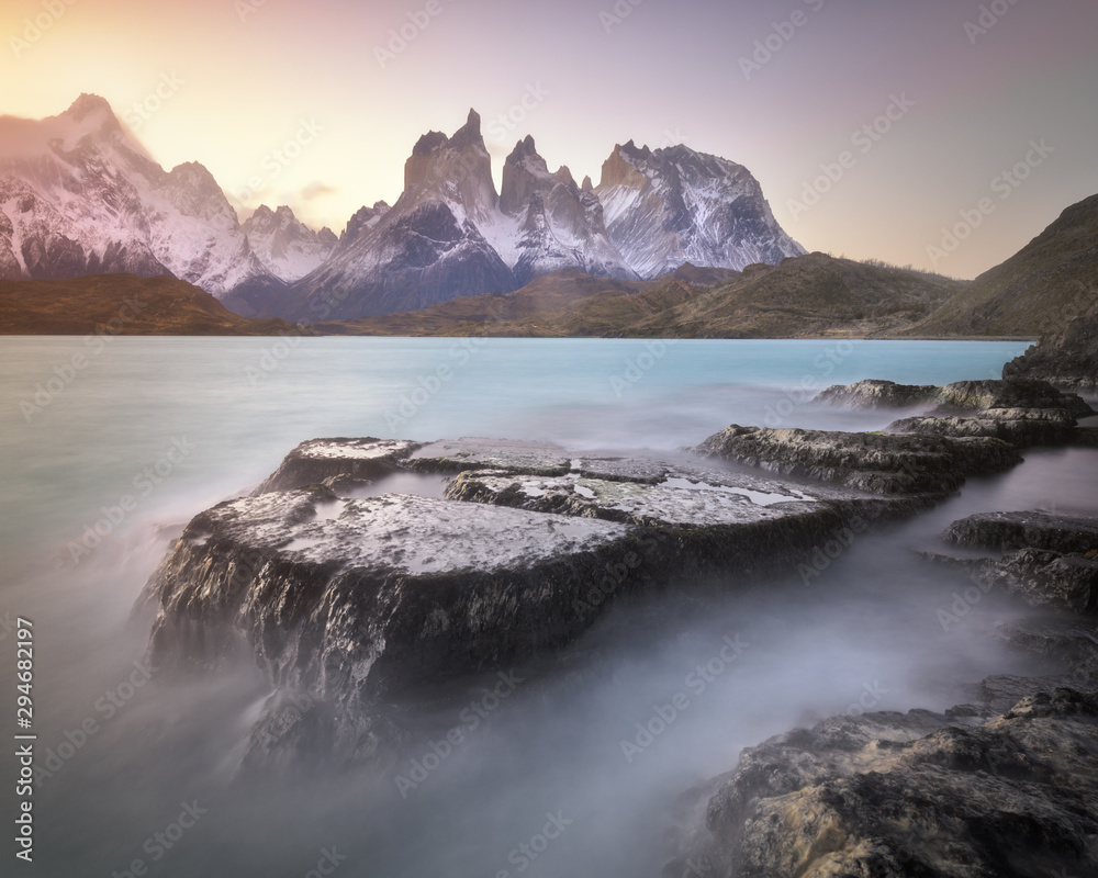 Pehoe Lake and Cuernos Peaks in the Evening, Torres del Paine National Park, Chile