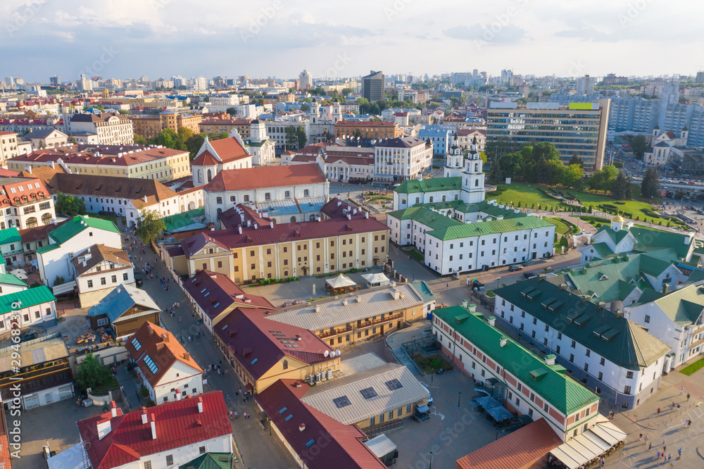 MINSK, BELARUS - JULY 2019: Aerial view on a Trinity suburb - old historic centre, and Minsk city, Minsk, Belarus.