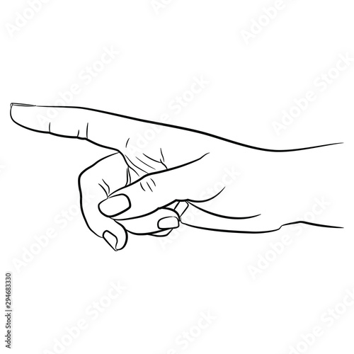 Pointing human hand. Black and white linear silhouette. Isolated vector illustration.