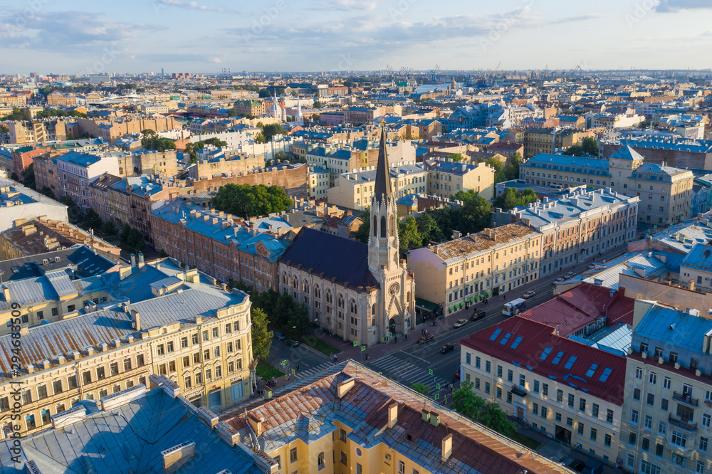 Crossroads on Vasilyevsky Island, view from the drone,  Lutheran Church of St. Michael in St. Petersburg