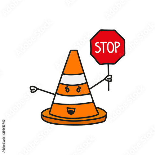 Cartoon traffic cone hand drawn holds a stop road sign. warning sign design. Vector illustration.