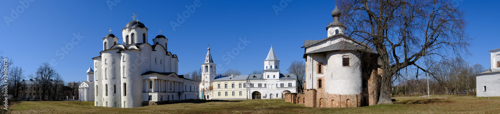 Panorama of ancient churches on Yaroslav Courtyard in historical center. Veliky Novgorod (Novgorod the Great), Russia.