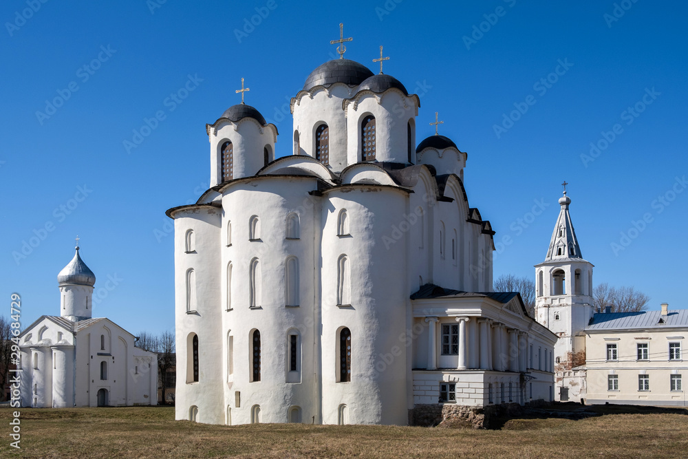 Ancient Russian church on the Yaroslav's Courtyard. St Nicholas cathedral domes, Paraskeva Pyatnitsa church and Gate tower. Veliky Novgorod (Novgorod the Great), Russia