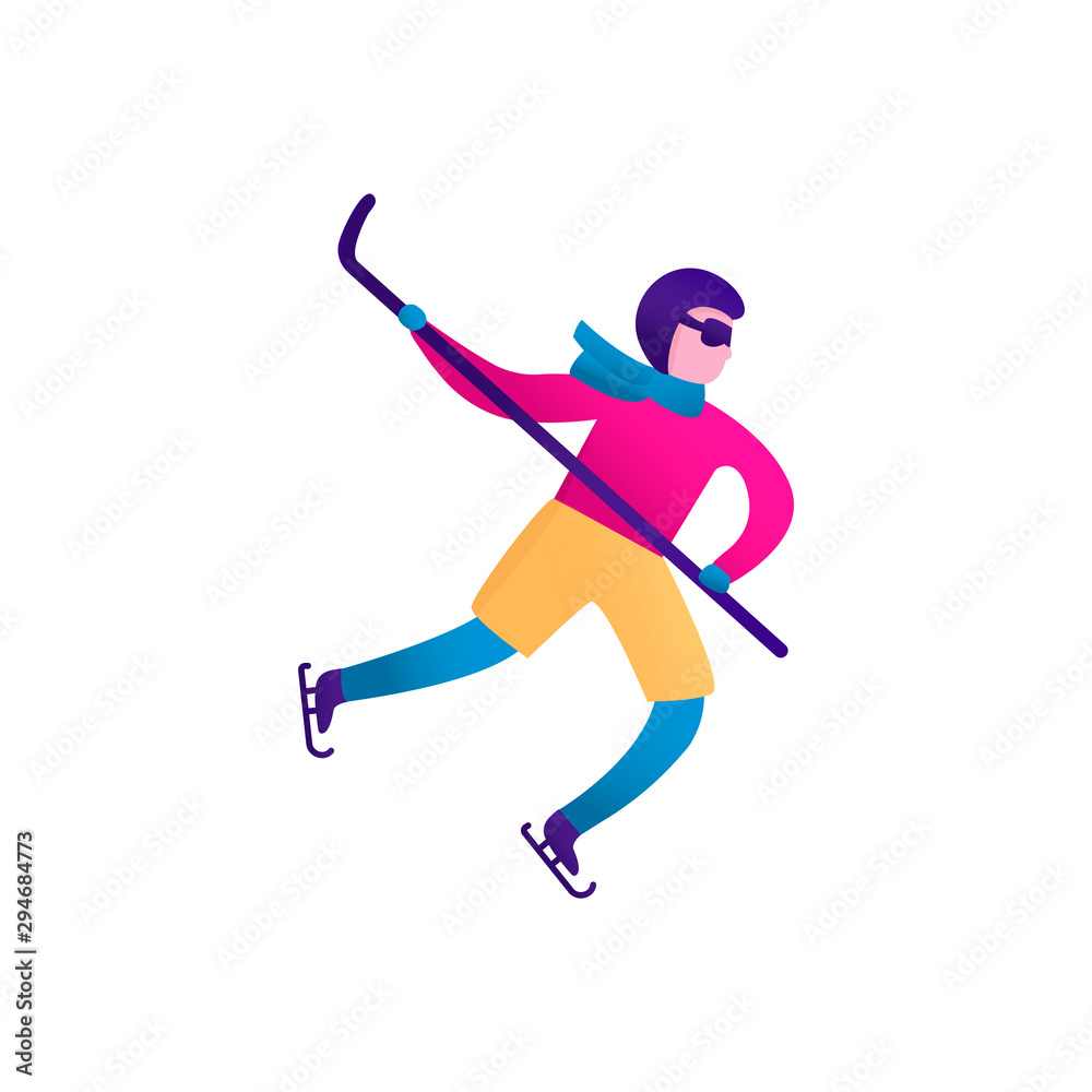 Winter sports with people, man  skating, play hokey. Flat vector character  isolated. Christmas design for greeting card, poster, banner.