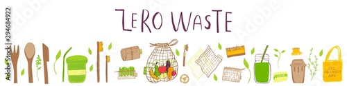 Hand drawn Zero waste concept set. No plastic elements of eco life: reusable paper, bamboo, wooden, fabric cotton bags, glass, jars, cutlery. Vector go green, bio logo or sign. Organic design template