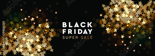 Black Friday Super Sale. Banner, poster, logo golden color on black background. Design with golden confetti and sparkle, vector illustration.