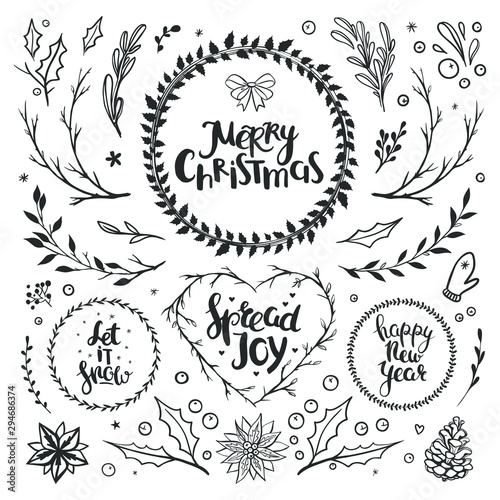 Rustic Christmas set with floral elements, hand drawn lettering and holiday wreaths. Set of vector Christmas elements