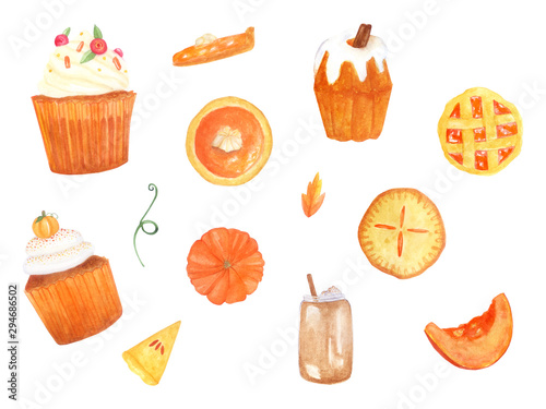  watercolor set of autumn sweets. Pumpkin muffins, pies, buns.