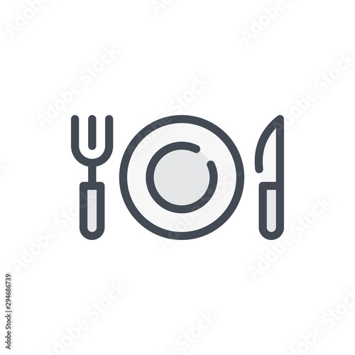 Fork, plate and knife color line icon. Restaurant vector outline colorful sign.