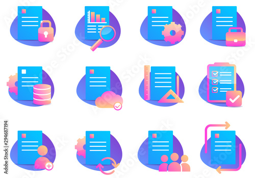 Blue Set of Document Related Color Vector Flat Icons. Analytical business documents with arrows. Web Cloud information. Vector flat icon set
