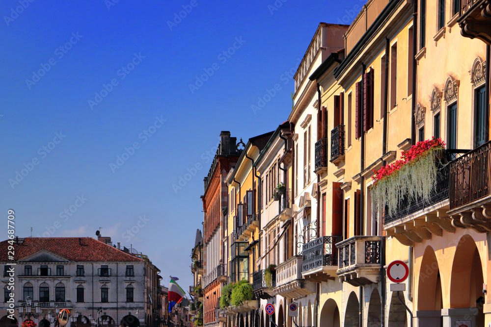 view on historical colored buildings in the downtown of padua in italy