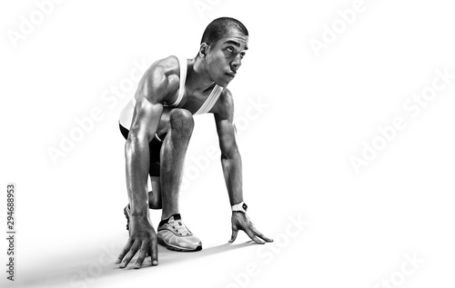 Sports background. Runner on the start. Black and white image isolated on white. photo