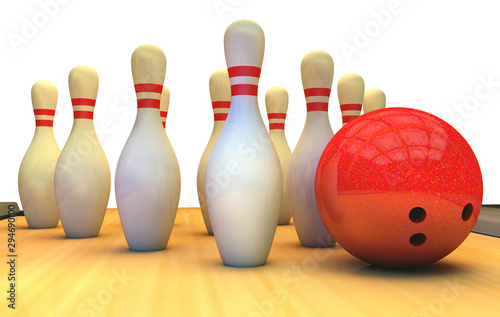 Bowling background with pins and ball.