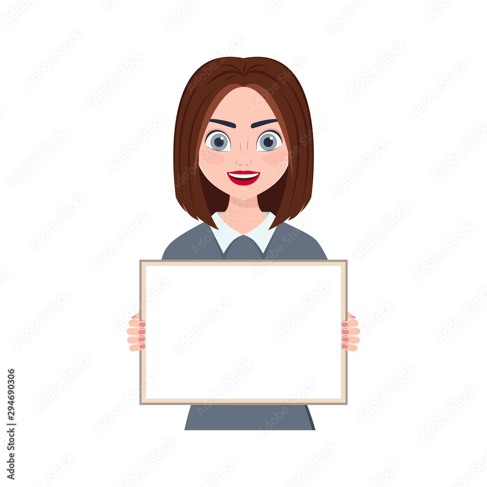 Cute smiling girl holding a blank sheet. Vector illustration Cute smiling girl holding a blank sheet. Vector illustration