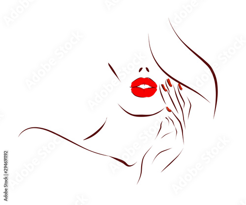 Woman's face, hair, hand. Lips with red lipstick and nails with red nail polish. Hand drawn illustration on the theme of beauty and care. Vector