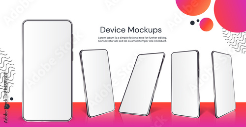 Realistic smartphone mockup. Cellphone with blank display isolated templates, different angles views. Vector illustration
