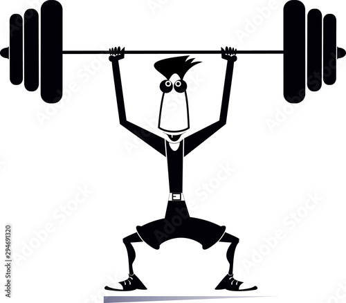 Cartoon man weightlifter isolated illustration. Cartoon athlete trying to lift a heavy weight black on white