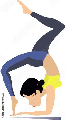 Young woman with lithe figure doing sport or yoga exercises illustration. Young woman with lithe figure standing on the hands with legs up and doing sport or yoga exercises isolated on white