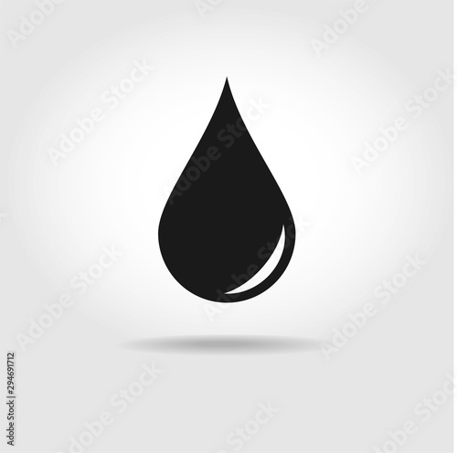 Black icon of drop in flat style isolated on gradient background. Vector illustration