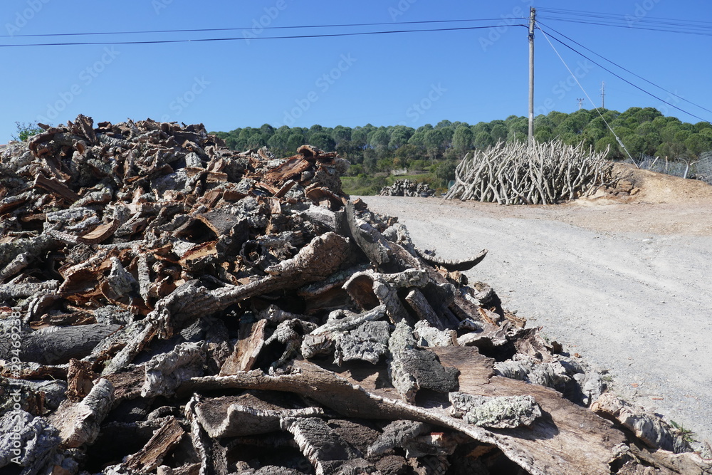 Cork, Cork pieces. (quercus suber) Many pieces from the cork oak bark, natural raw material, ready to transportation and further processing. Portugal, Alentejo, near Mertola Cork, Cork pieces. (quercus suber) Many pieces from the cork oak bark, natural raw material, ready to transportation and further processing. Portugal, Alentejo, near Mertola