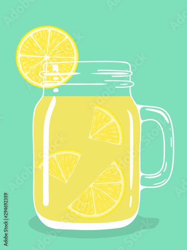 Fresh lemon tea drink with lemon pieces in glass vintage mason jar. Healthy natural delicious refreshing citrus fruit hot beverage. Vector illustration.