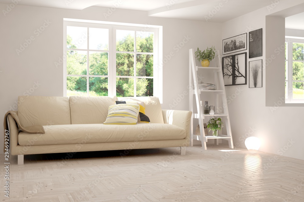 Fototapeta premium Stylish room in white color with sofa and summer landscape in window. Scandinavian interior design. 3D illustration
