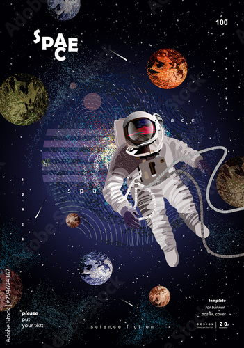 Photo science fiction, vector illustration of an astronaut in space, the moon and the