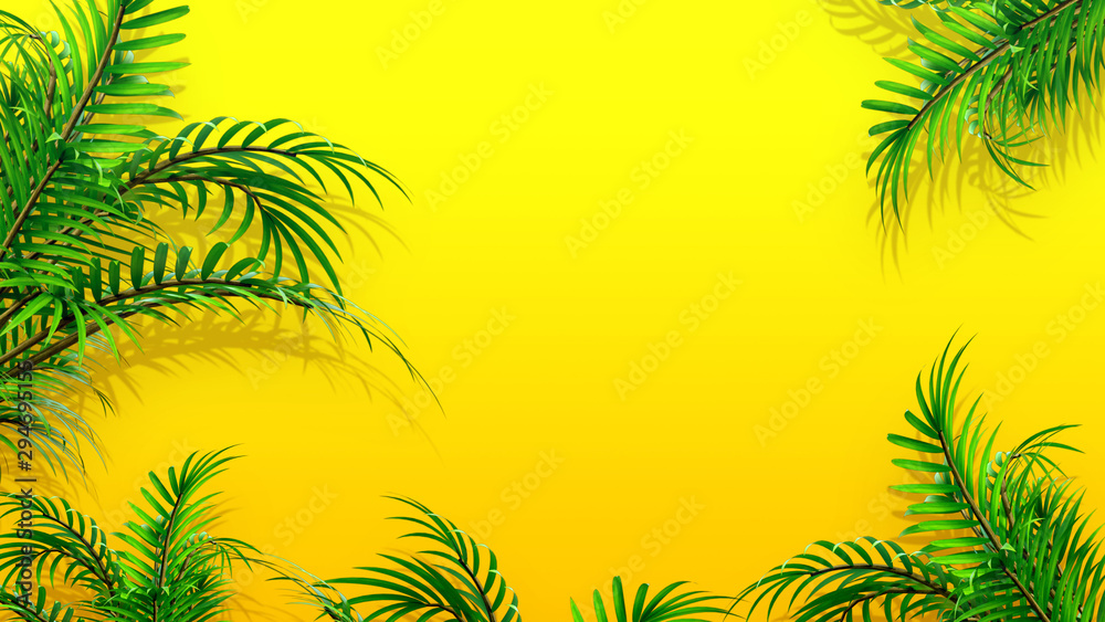 Plastic palm leaves on yellow background