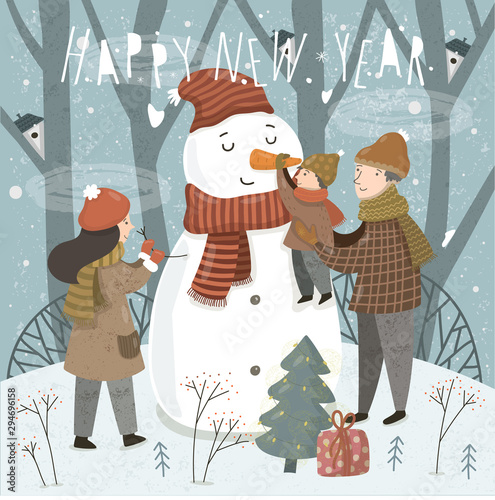 Happy New Year and Merry Christmas! Cute vector illustration of a family in the forest on the nature before the holiday. Mother, father and baby sculpt a snowman. Winter drawing for card, poster