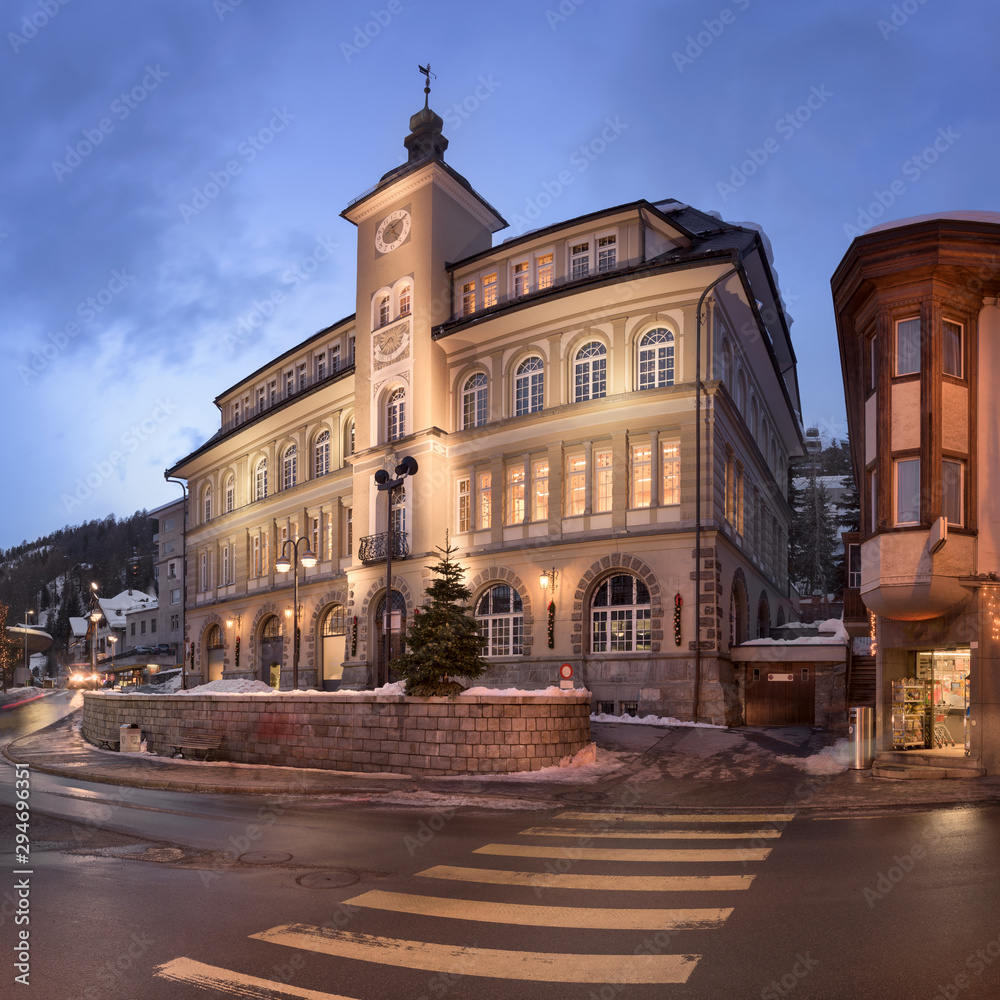 Panorama of Via Quadrellas and St Moritz Library in the Evening, St Moritz, Switzerland