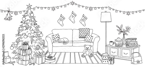 Hand drawn illustration of a living room with Christmas decoration, interior design with couch, cupboard, Christmas tree and gift boxes