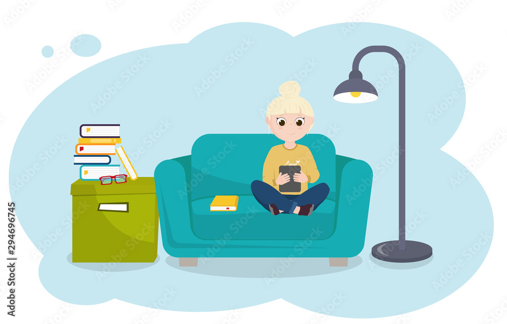 Girl with tablet on sofa at home. Vector illustration in flat style Girl with tablet on sofa at home. Vector illustration in flat style