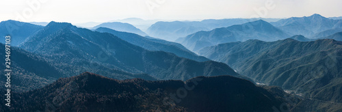 Panoramic view of Caucasus mountains range in Krasnaya Polyana, Russia at sunny day