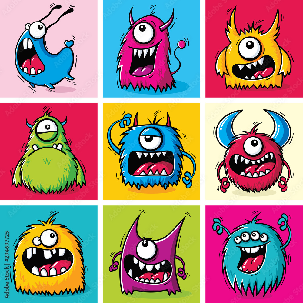 Set of funny cartoon furry monsters