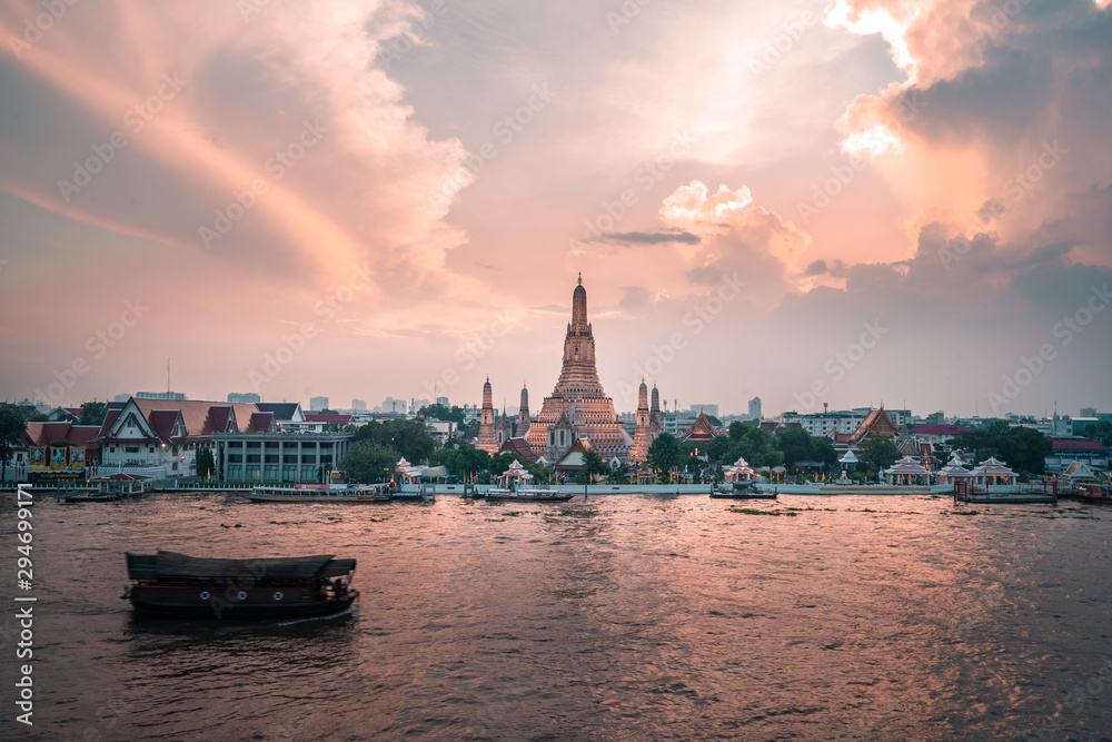 Sunset view of Wat Arun in Bangkok Thailand