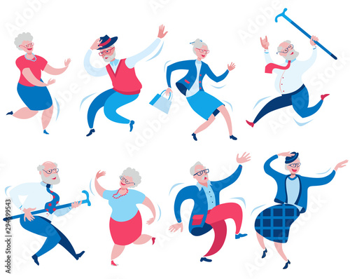 Set of eight happy dancing elderly men and women.