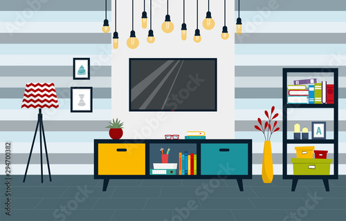 Living room with tv and furniture - TV stand, shelving, vase and lamp. Flat style illustration