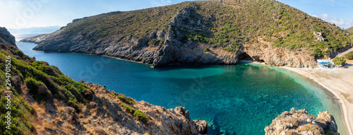  Panorama of the cleanest beach with blue water in the Aegean Sea, Evia island, Greece