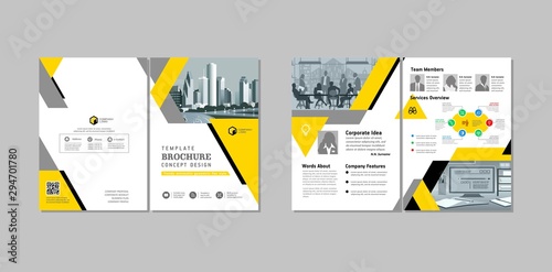 Bi-fold brochure creative design. Multipurpose template with cover, back and inside pages. Trendy minimalist flat geometric design. Vertical a4 format.