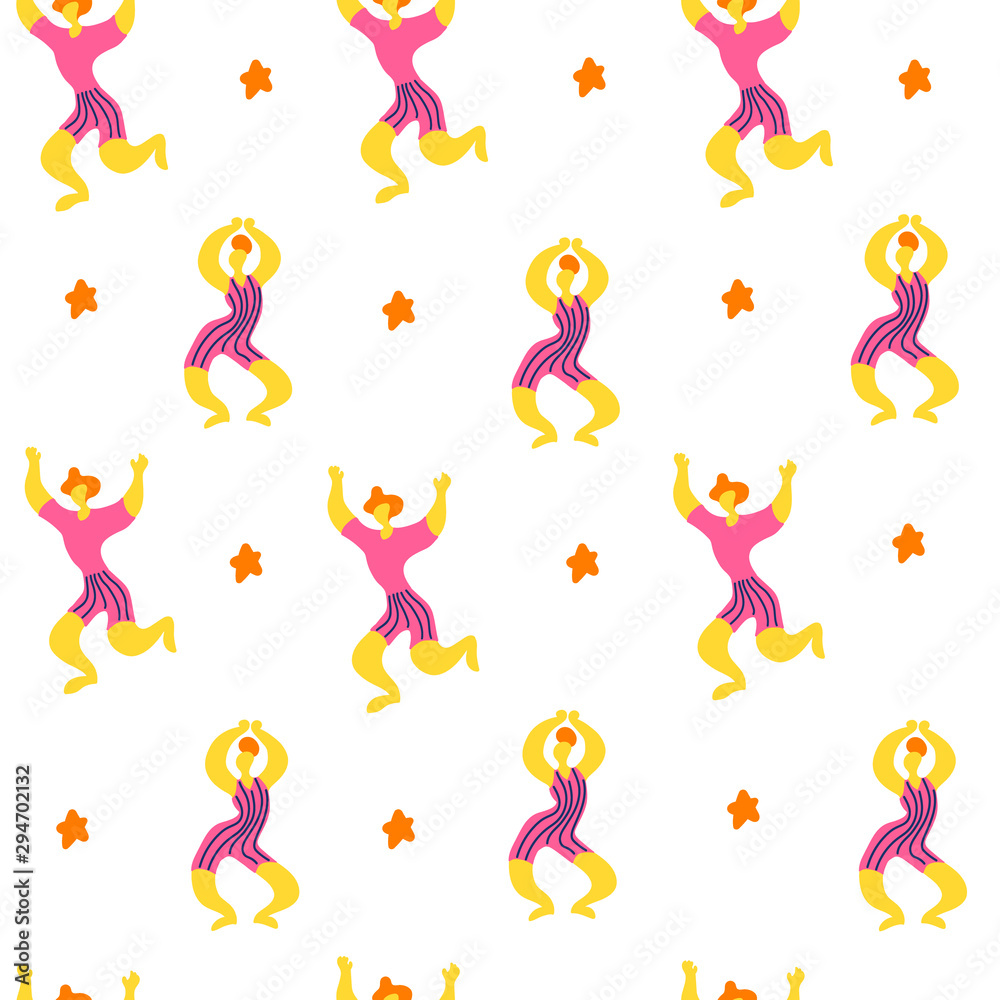 Vector seamless pattern with doodledancing woman and men. Bright color trendy design for print, textile, postcard, advertising, music festivals