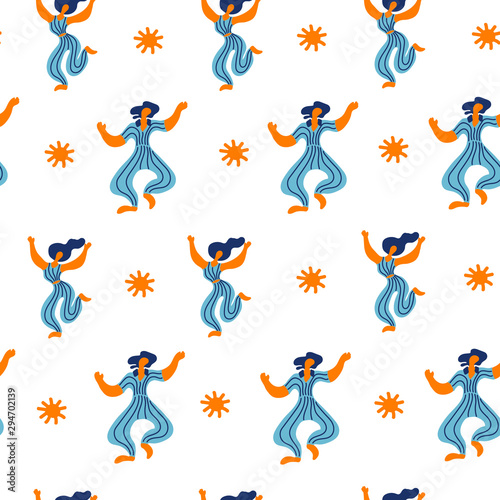 Vector seamless pattern with doodledancing woman and men. Bright color trendy design for print  textile  postcard  advertising  music festivals