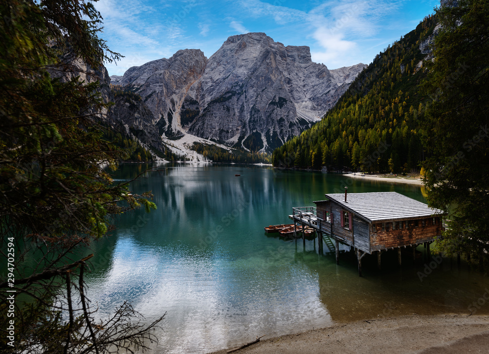 Fototapeta premium Lake Braies in the forest, Dolomites